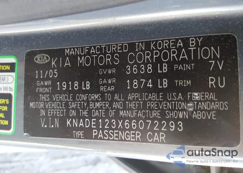 2006 Kia Rio Lx z USA, uszkodzony, nr VIN KNADE123X66072293